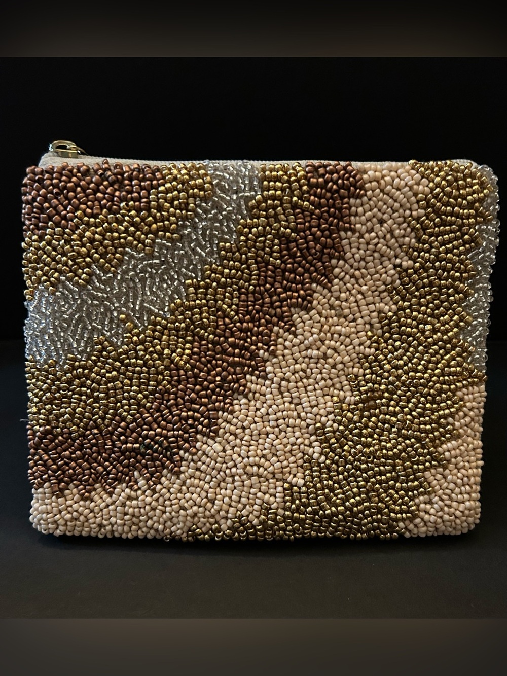 Elegant Hand Beaded Zip Clutch in Gold, Copper, Cream & Silver NWOT